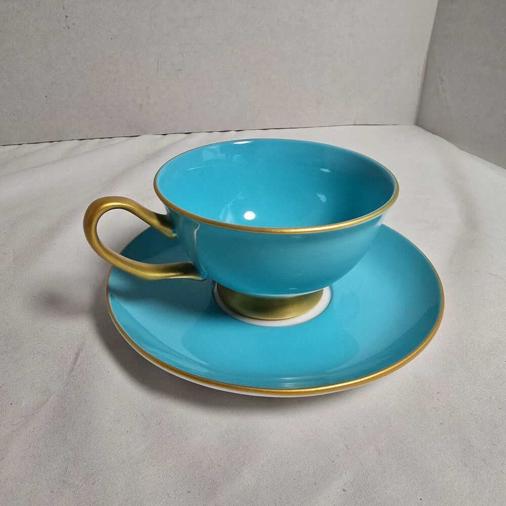 Shelley Gracie Fine Bone China Aqua Blue/Turquoise & Gold Teacup & Saucer + Box - Picture 2 of 16